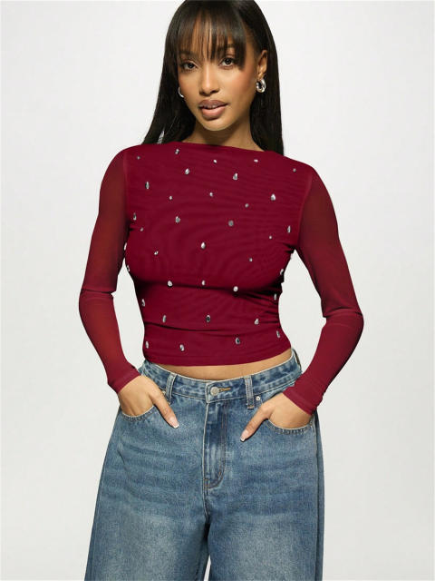 Summer New Women's Casual Printed Slim-fit Semi-transparent Hollow Long-sleeved T-shirt
