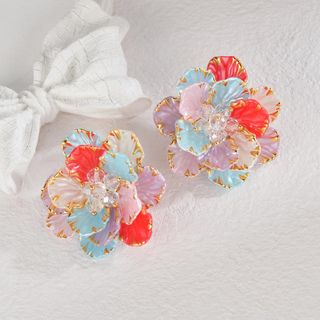 Vintage sweet pink stereo layer flower stainless steel necklace earrings bangle suit