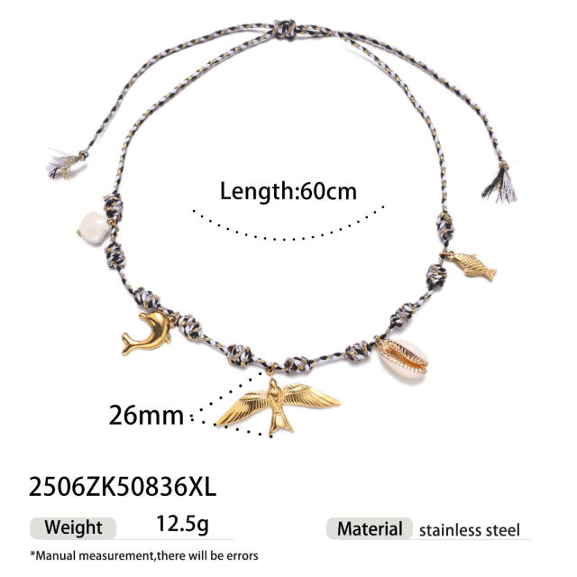 Handmade colorful knotted rope stainless steel ocean charms necklace holiday necklace