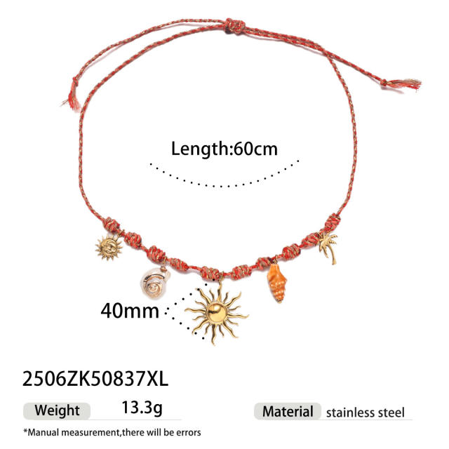 Handmade colorful knotted rope stainless steel ocean charms necklace holiday necklace