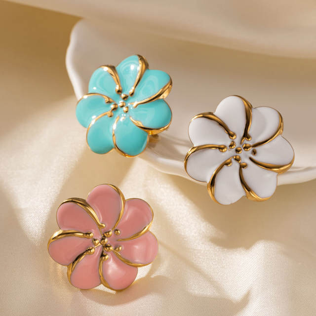 Pink blue color enamel flower stainless steel earrings rings suit