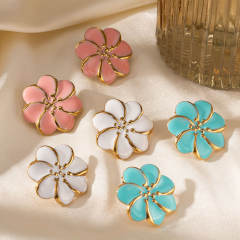 Pink blue color enamel flower stainless steel earrings rings suit