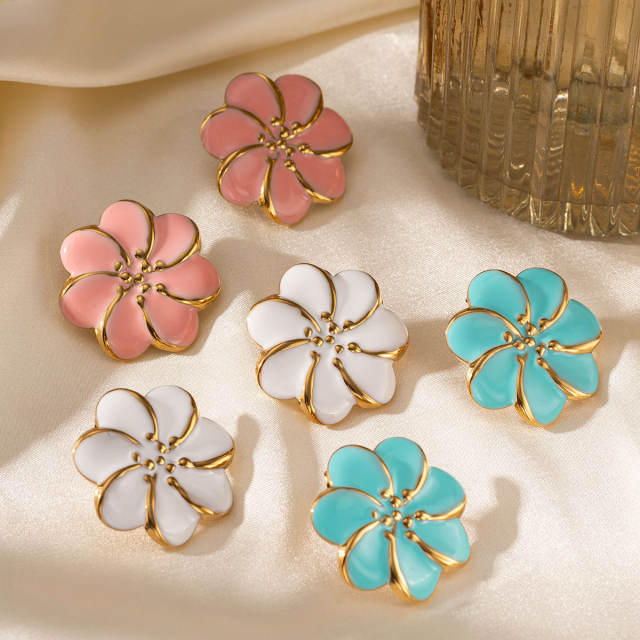 Pink blue color enamel flower stainless steel earrings rings suit