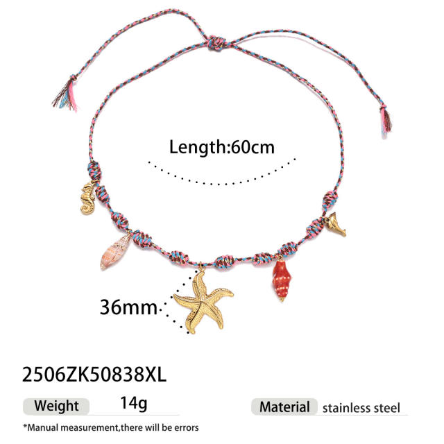 Handmade colorful knotted rope stainless steel ocean charms necklace holiday necklace