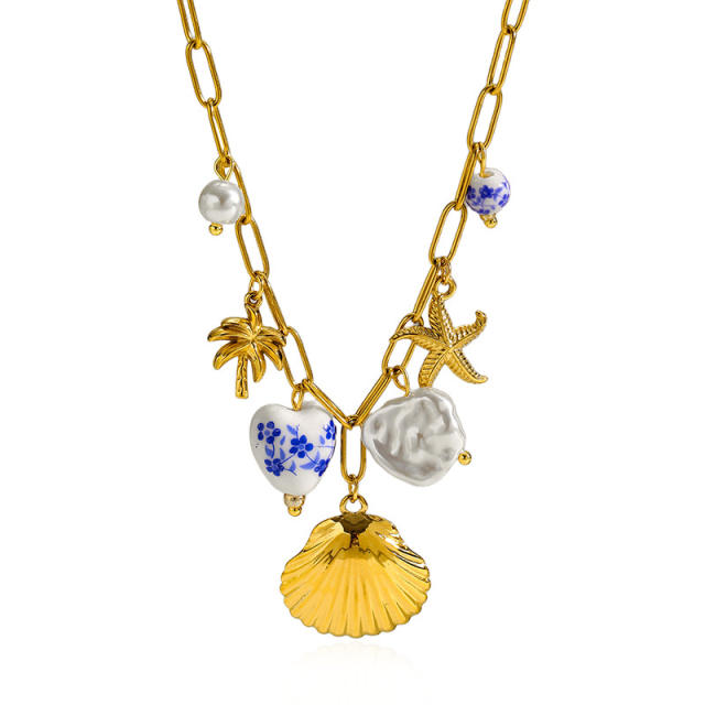 Ins Style 18K Gold Ocean Style Series Stainless Steel Necklace Starfish Shell Turtle Seahorse Fish charms necklace