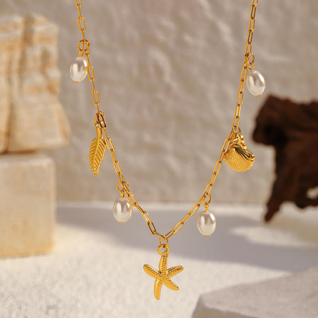 18K popular starfish shell ocean charms stainless steel necklace