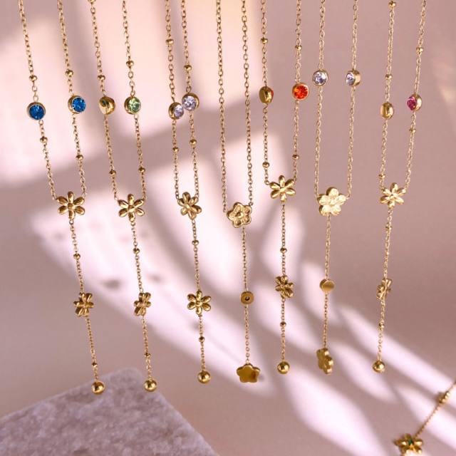 Dainty colorful cubic zircon five petal flower stainless steel necklace Y shape necklace long necklace