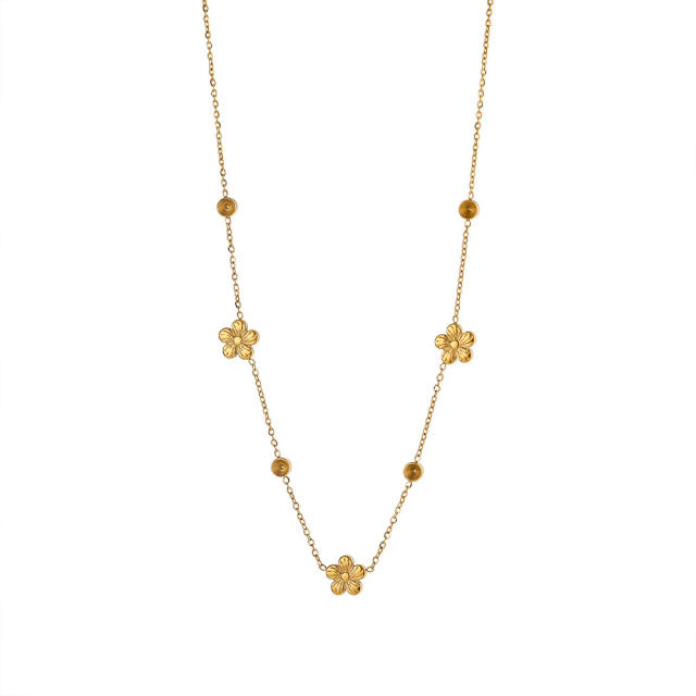 Dainty colorful cubic zircon five petal flower stainless steel necklace