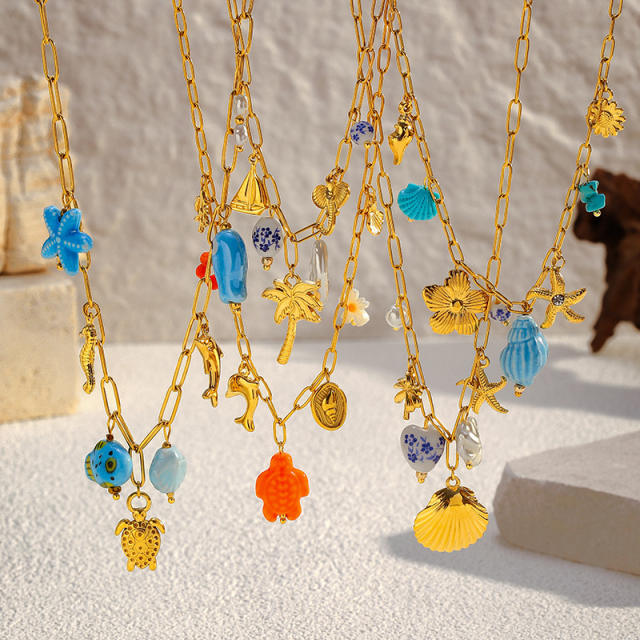 Ins Style 18K Gold Ocean Style Series Stainless Steel Necklace Starfish Shell Turtle Seahorse Fish charms necklace