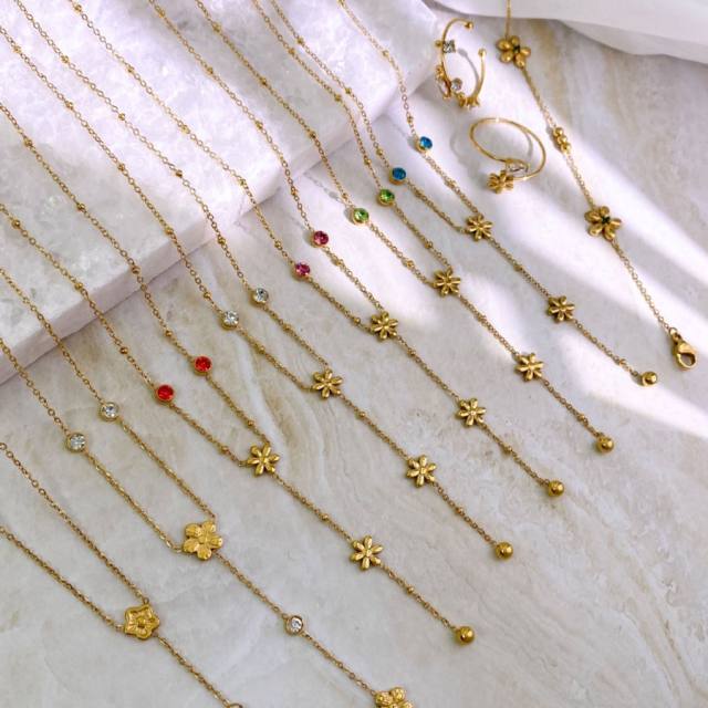 Dainty colorful cubic zircon five petal flower stainless steel necklace Y shape necklace long necklace