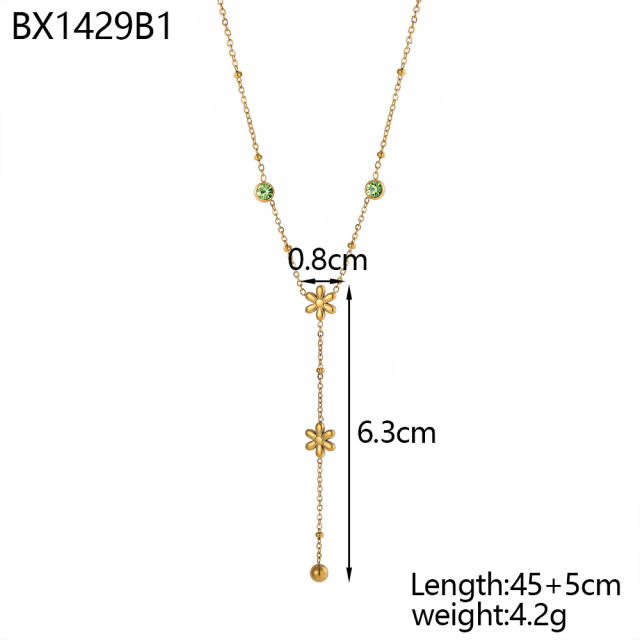 Dainty colorful cubic zircon five petal flower stainless steel necklace Y shape necklace long necklace