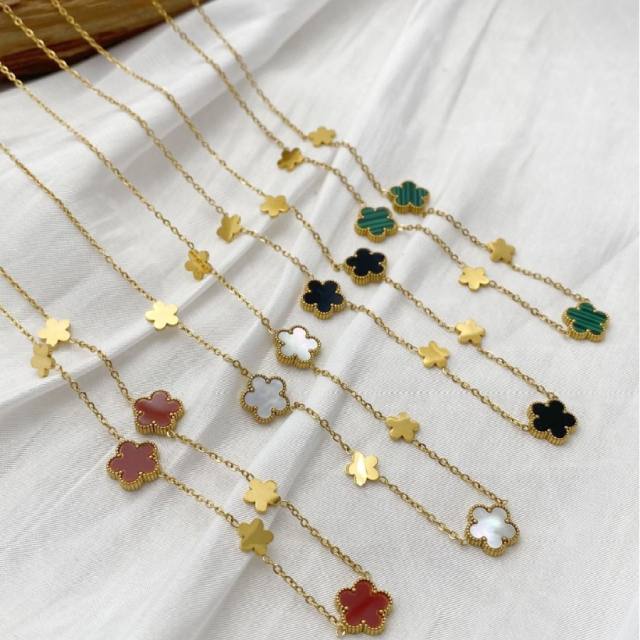 Unique easy match mother shell five petal flower stainless steel necklace