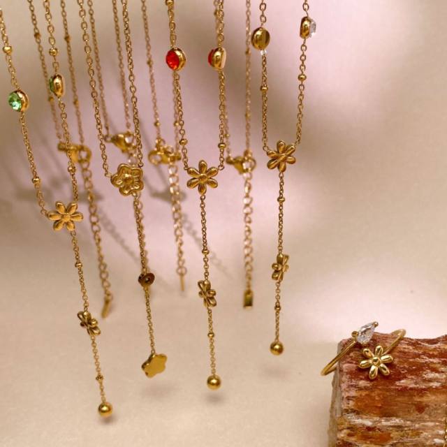 Dainty colorful cubic zircon five petal flower stainless steel necklace Y shape necklace long necklace