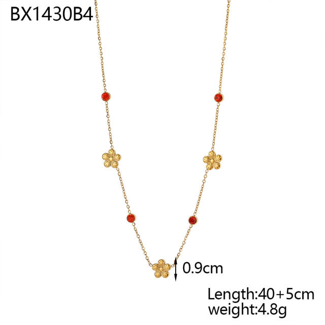 Dainty colorful cubic zircon five petal flower stainless steel necklace