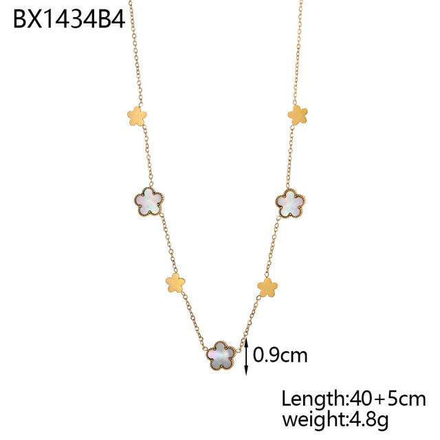 Unique easy match mother shell five petal flower stainless steel necklace