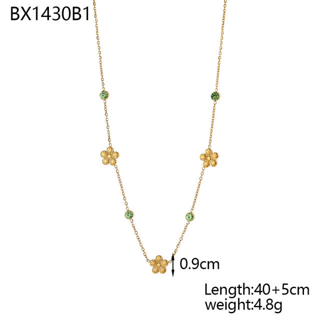 Dainty colorful cubic zircon five petal flower stainless steel necklace