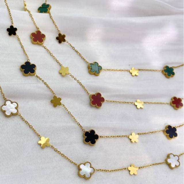 Unique easy match mother shell five petal flower stainless steel necklace