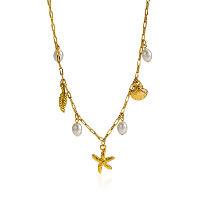18K popular starfish shell ocean charms stainless steel necklace
