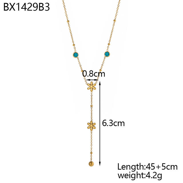 Dainty colorful cubic zircon five petal flower stainless steel necklace Y shape necklace long necklace