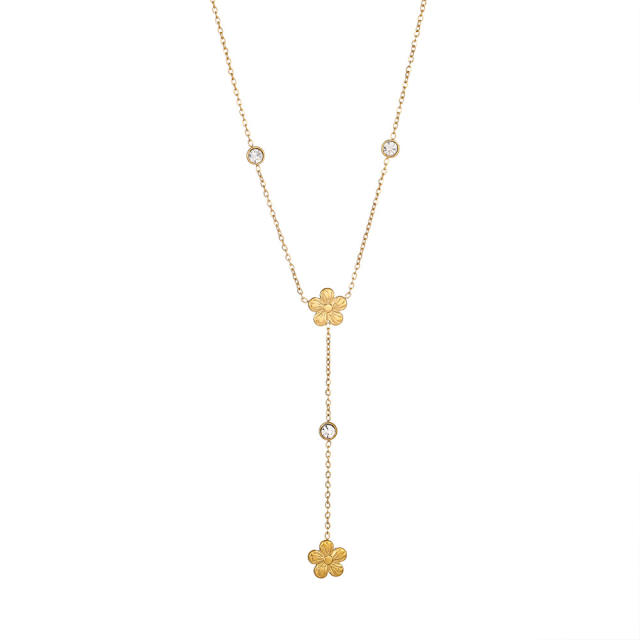 Dainty colorful cubic zircon five petal flower stainless steel necklace Y shape necklace long necklace
