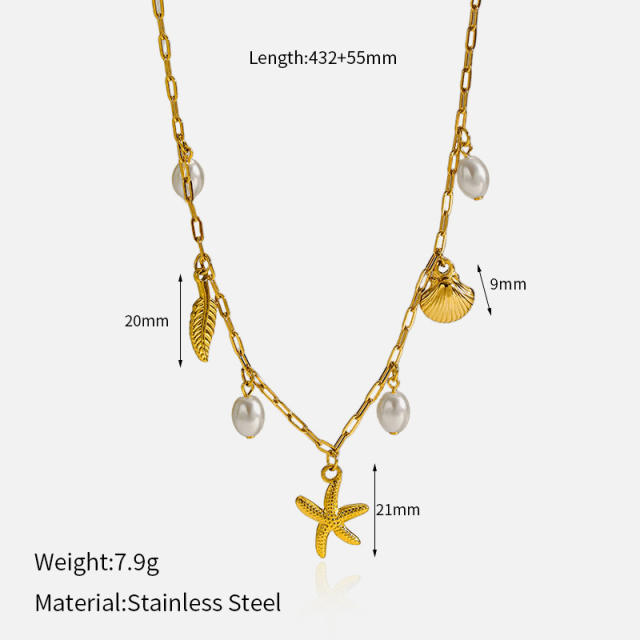 18K popular starfish shell ocean charms stainless steel necklace