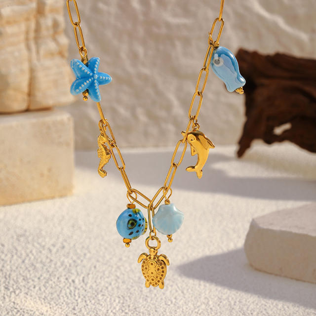 Ins Style 18K Gold Ocean Style Series Stainless Steel Necklace Starfish Shell Turtle Seahorse Fish charms necklace