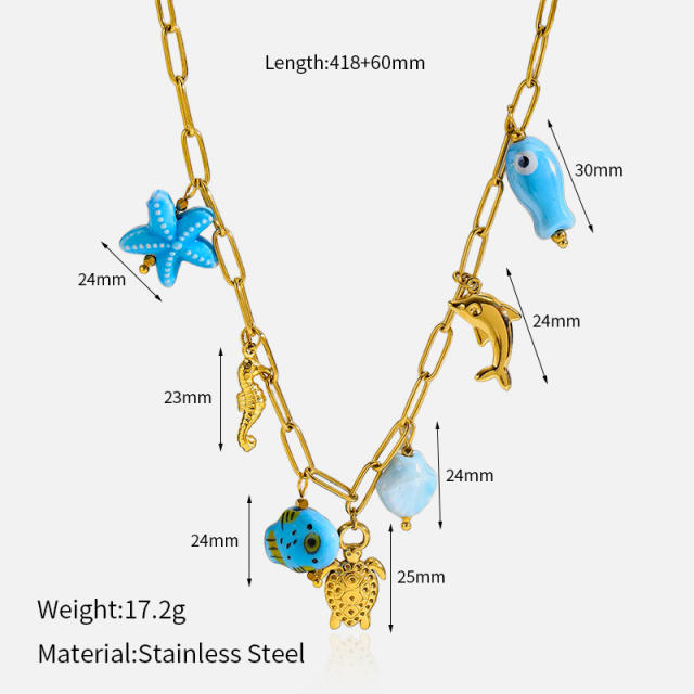Ins Style 18K Gold Ocean Style Series Stainless Steel Necklace Starfish Shell Turtle Seahorse Fish charms necklace
