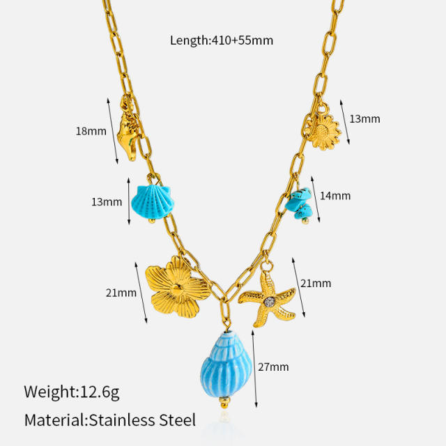Ins Style 18K Gold Ocean Style Series Stainless Steel Necklace Starfish Shell Turtle Seahorse Fish charms necklace