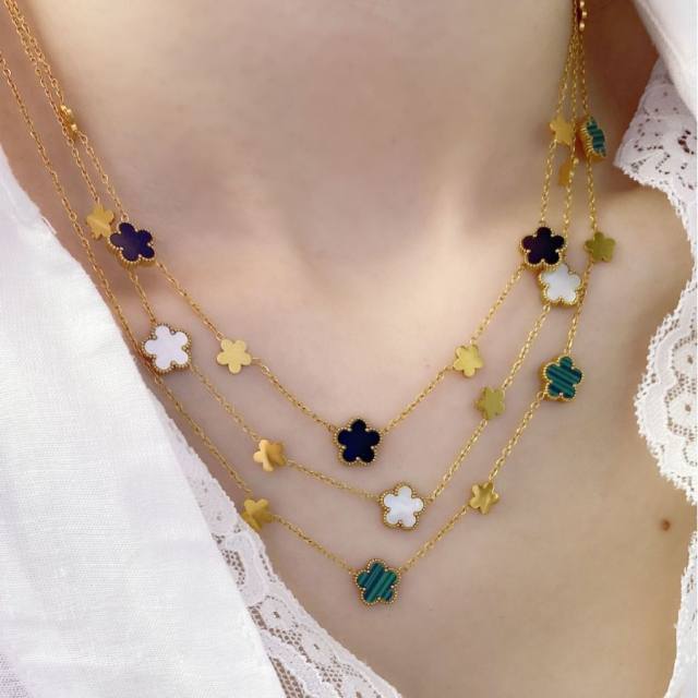 Unique easy match mother shell five petal flower stainless steel necklace