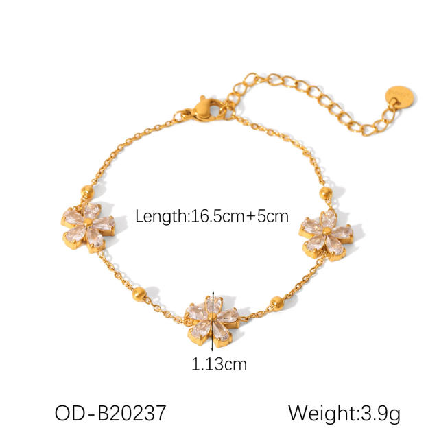 Cubic zircon five petal flower stainless steel necklace bracelet suit