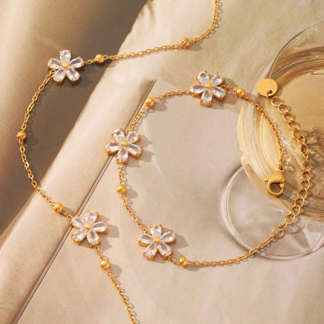 Cubic zircon five petal flower stainless steel necklace bracelet suit