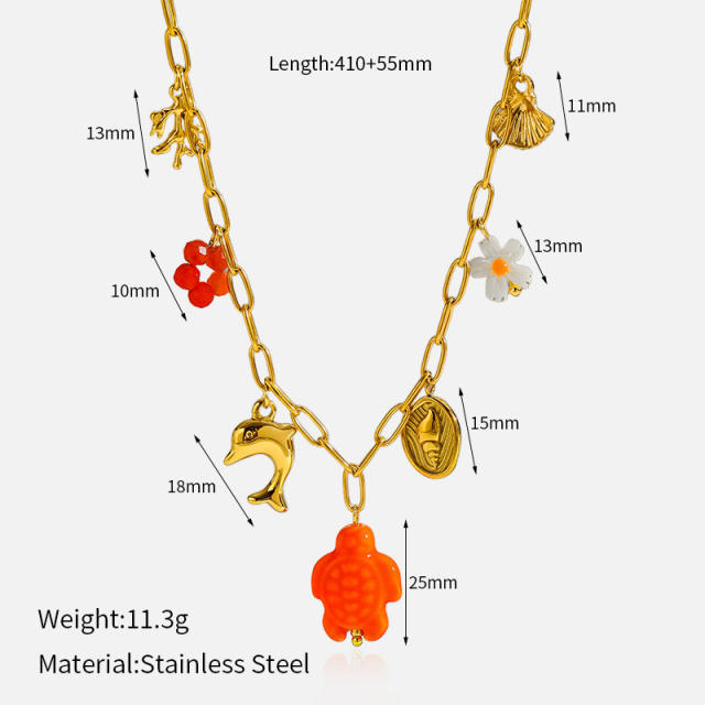 Ins Style 18K Gold Ocean Style Series Stainless Steel Necklace Starfish Shell Turtle Seahorse Fish charms necklace