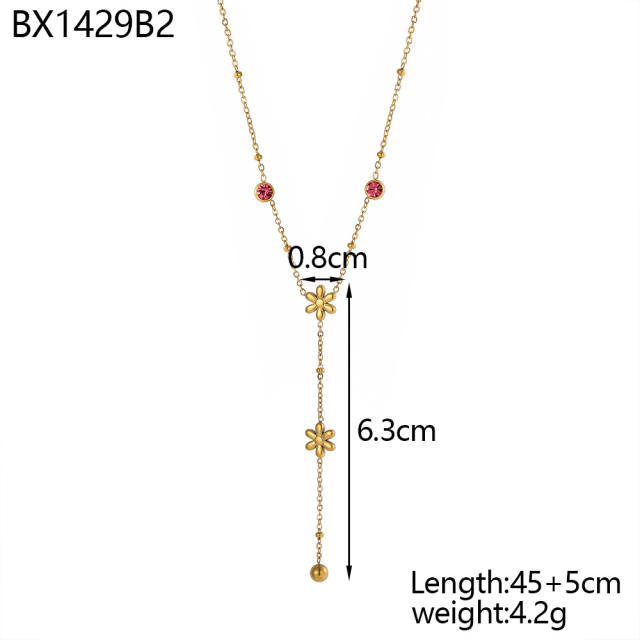 Dainty colorful cubic zircon five petal flower stainless steel necklace Y shape necklace long necklace