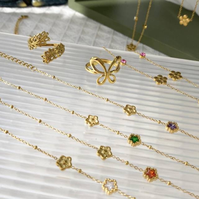 Dainty colorful cubic zircon five petal flower stainless steel necklace