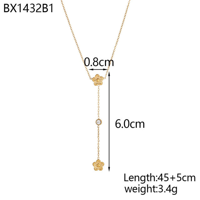 Dainty colorful cubic zircon five petal flower stainless steel necklace Y shape necklace long necklace