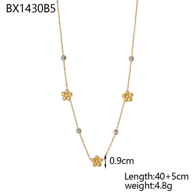 Dainty colorful cubic zircon five petal flower stainless steel necklace