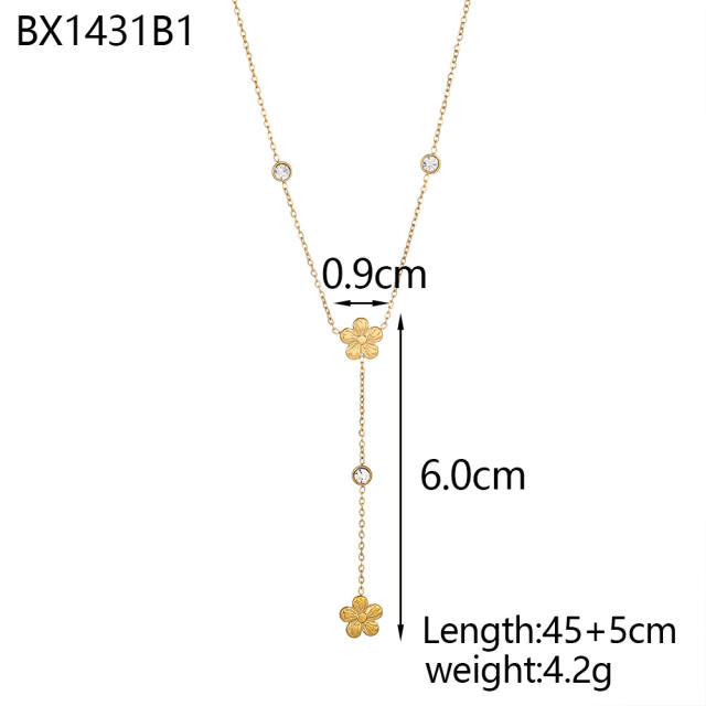 Dainty colorful cubic zircon five petal flower stainless steel necklace Y shape necklace long necklace