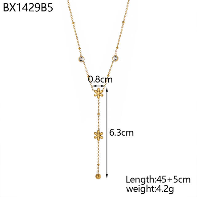 Dainty colorful cubic zircon five petal flower stainless steel necklace Y shape necklace long necklace