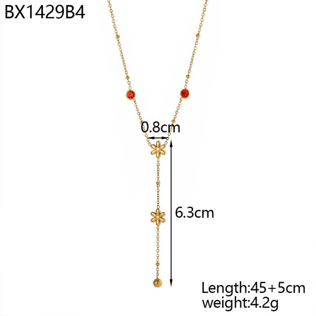 Dainty colorful cubic zircon five petal flower stainless steel necklace Y shape necklace long necklace