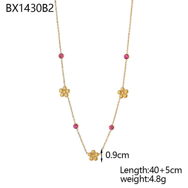 Dainty colorful cubic zircon five petal flower stainless steel necklace