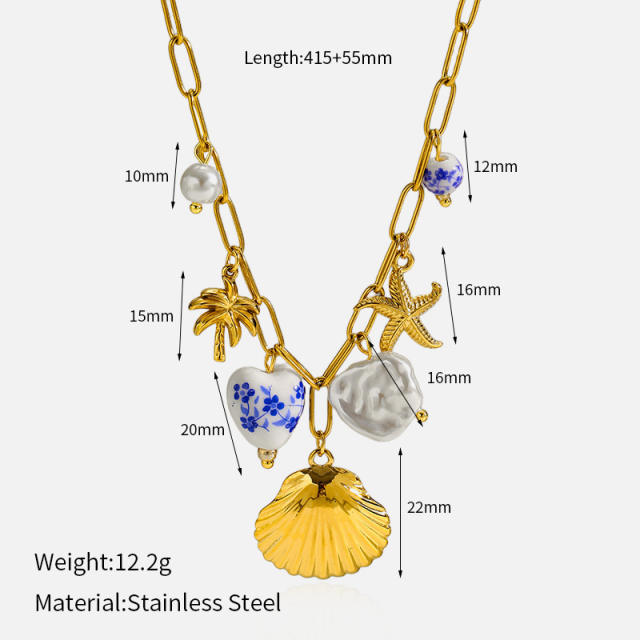 Ins Style 18K Gold Ocean Style Series Stainless Steel Necklace Starfish Shell Turtle Seahorse Fish charms necklace