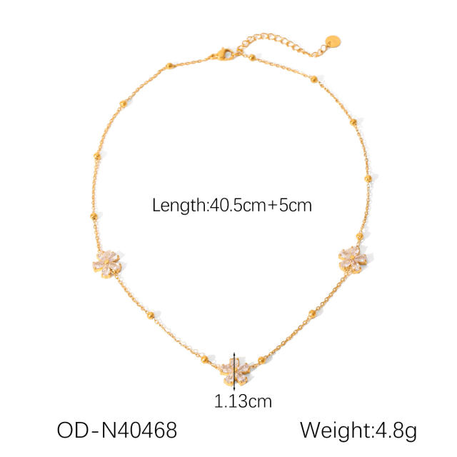 Cubic zircon five petal flower stainless steel necklace bracelet suit