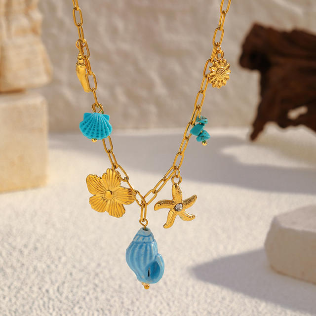 Ins Style 18K Gold Ocean Style Series Stainless Steel Necklace Starfish Shell Turtle Seahorse Fish charms necklace