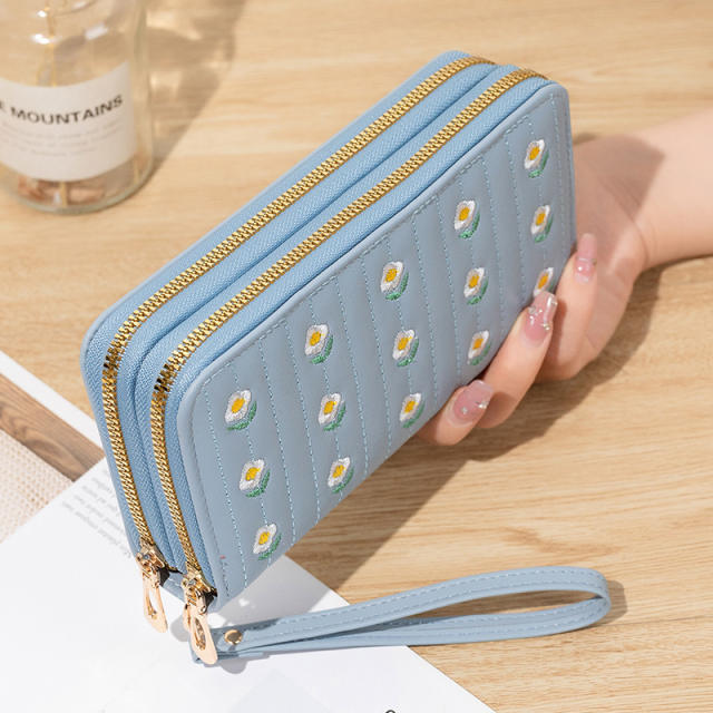 New Women's Long All-match Double Zipper Embroidered Large Capacity Mobile Phone Bag Clutch