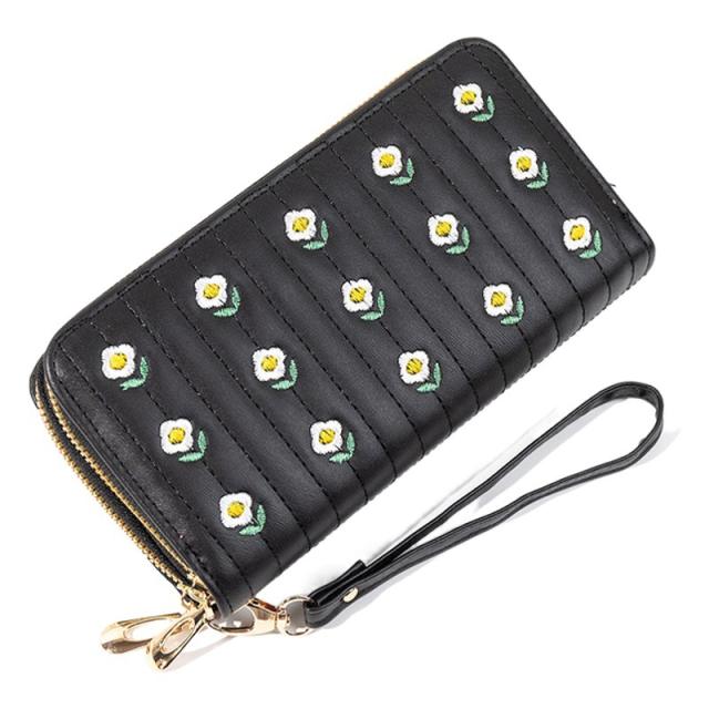 New Women's Long All-match Double Zipper Embroidered Large Capacity Mobile Phone Bag Clutch