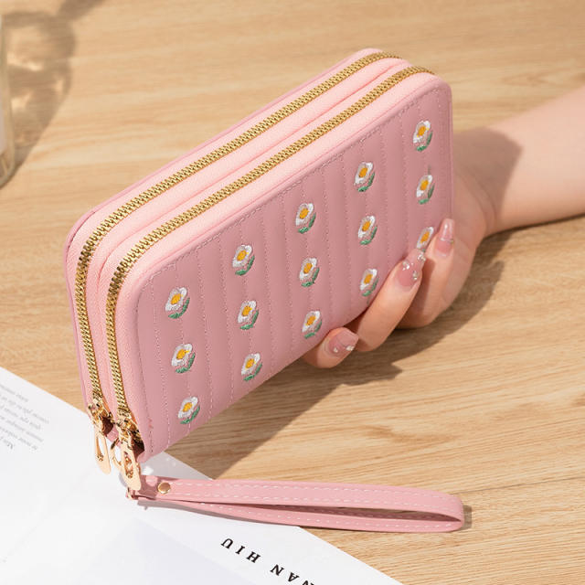 New Women's Long All-match Double Zipper Embroidered Large Capacity Mobile Phone Bag Clutch