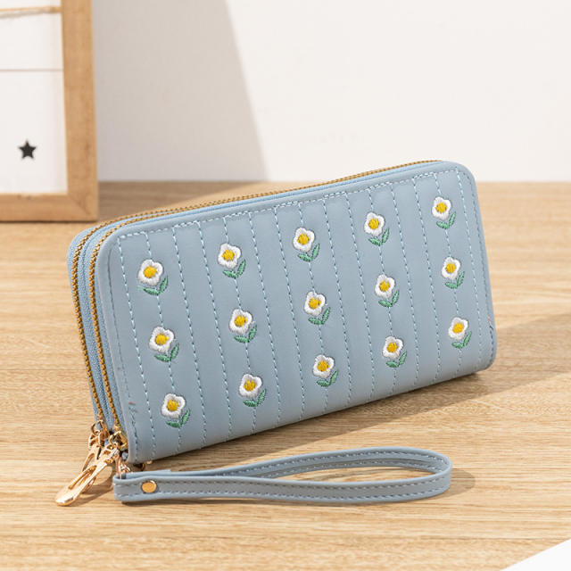 New Women's Long All-match Double Zipper Embroidered Large Capacity Mobile Phone Bag Clutch