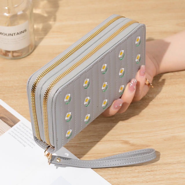 New Women's Long All-match Double Zipper Embroidered Large Capacity Mobile Phone Bag Clutch