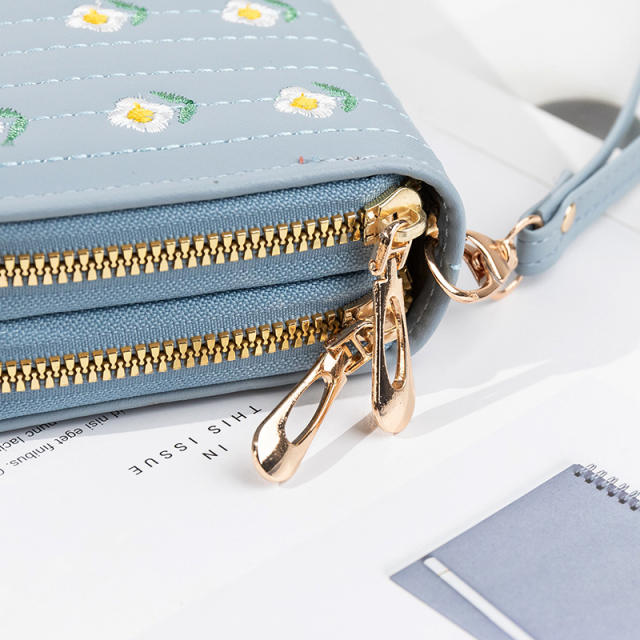 New Women's Long All-match Double Zipper Embroidered Large Capacity Mobile Phone Bag Clutch