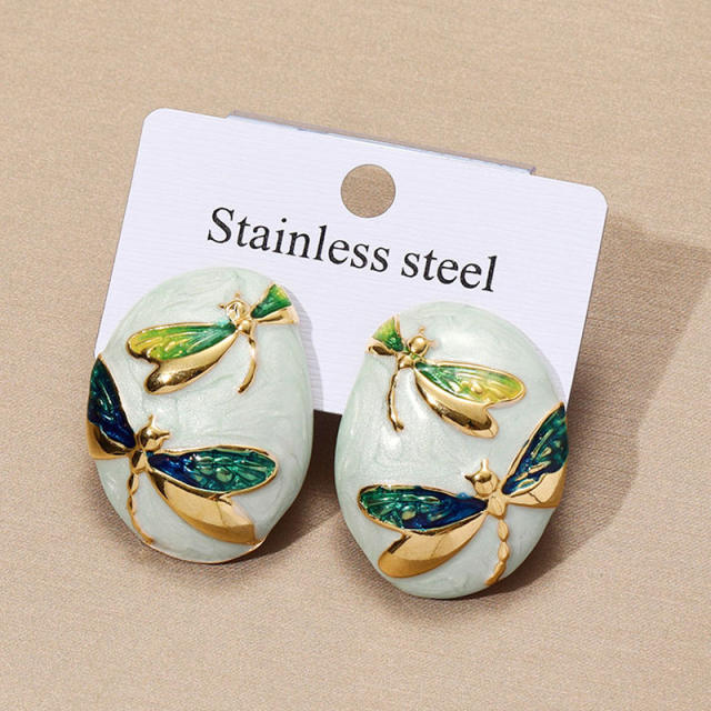 Round Asymmetrical stainless Steel enamel flower studs earrings for women